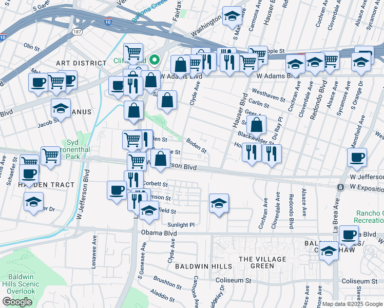 map of restaurants, bars, coffee shops, grocery stores, and more near 3000 Clyde Avenue in Los Angeles