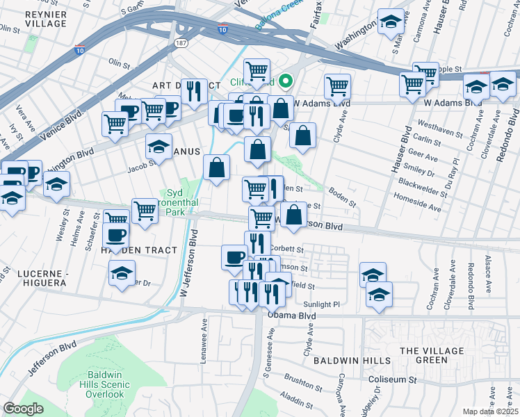 map of restaurants, bars, coffee shops, grocery stores, and more near 3349 South La Cienega Boulevard in Los Angeles