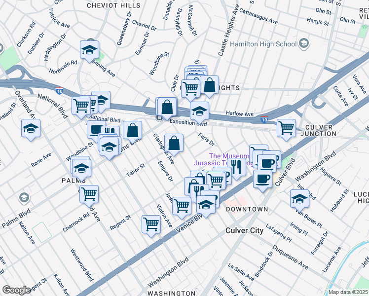 map of restaurants, bars, coffee shops, grocery stores, and more near 9909 Tabor Street in Los Angeles