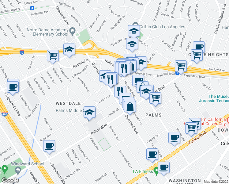 map of restaurants, bars, coffee shops, grocery stores, and more near 3317 Keystone Avenue in Los Angeles