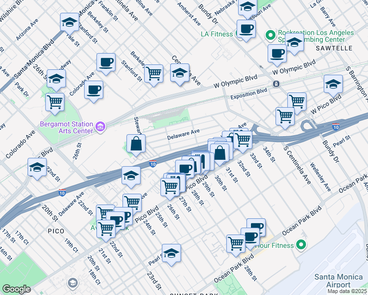 map of restaurants, bars, coffee shops, grocery stores, and more near 2937 Virginia Avenue in Santa Monica