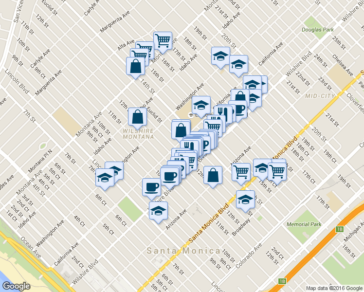 map of restaurants, bars, coffee shops, grocery stores, and more near 1308 California Avenue in Santa Monica