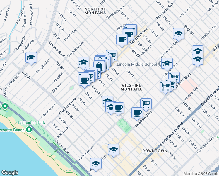 map of restaurants, bars, coffee shops, grocery stores, and more near 847 9th Street in Santa Monica