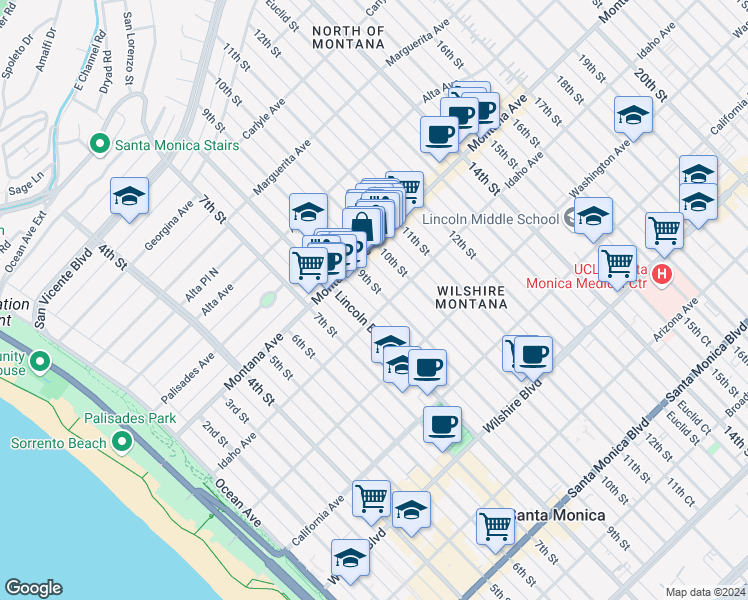 map of restaurants, bars, coffee shops, grocery stores, and more near 847 9th Street in Santa Monica