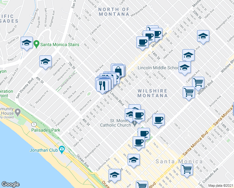 map of restaurants, bars, coffee shops, grocery stores, and more near 817 Lincoln Boulevard in Santa Monica