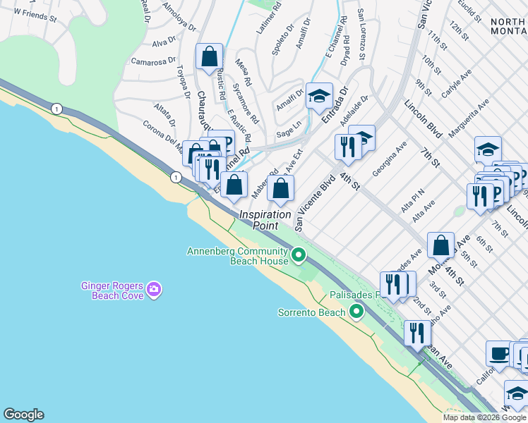 map of restaurants, bars, coffee shops, grocery stores, and more near 143 Ocean Avenue Extension in Santa Monica