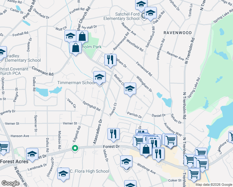 map of restaurants, bars, coffee shops, grocery stores, and more near 118 Vallejo Circle in Columbia
