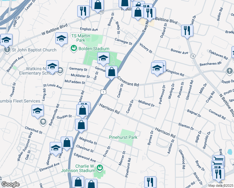 map of restaurants, bars, coffee shops, grocery stores, and more near 2506 Center Street in Columbia
