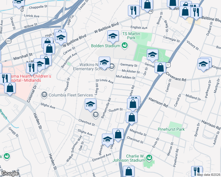 map of restaurants, bars, coffee shops, grocery stores, and more near 3132 Windwood Place in Columbia