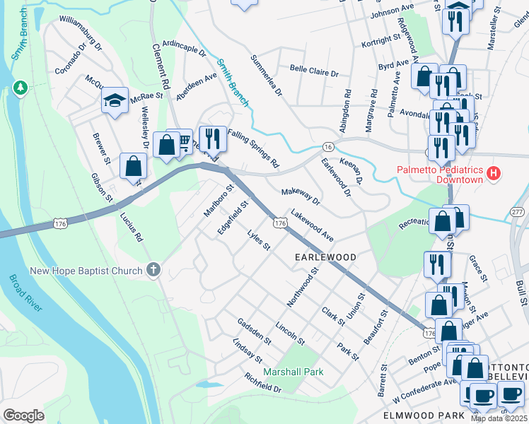 map of restaurants, bars, coffee shops, grocery stores, and more near 3425 River Drive in Columbia