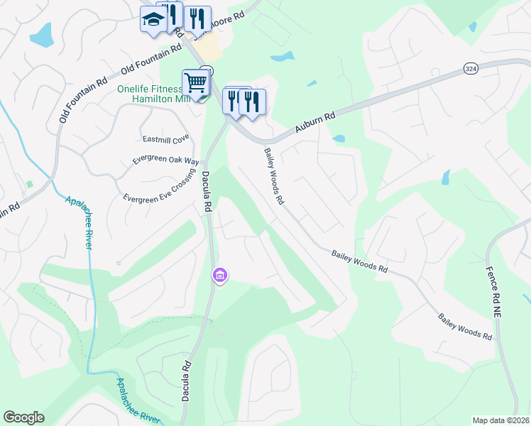 map of restaurants, bars, coffee shops, grocery stores, and more near 992 Pathview Court in Dacula