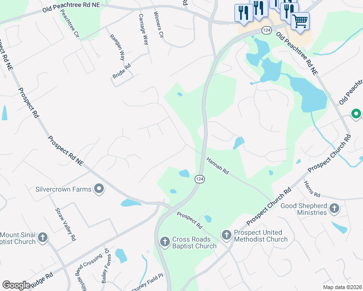 map of restaurants, bars, coffee shops, grocery stores, and more near 1750 Shady Creek Lane Northeast in Lawrenceville