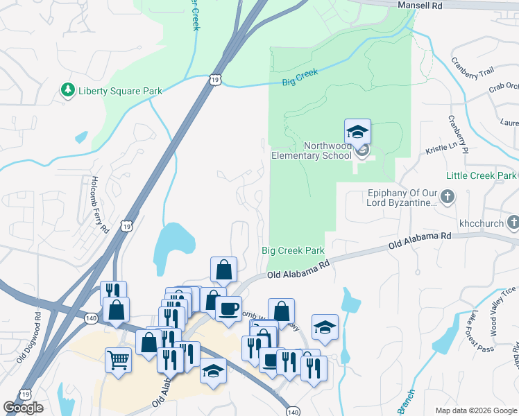 map of restaurants, bars, coffee shops, grocery stores, and more near 207 Belcourt Parkway in Roswell