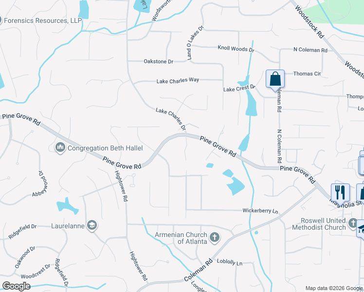 map of restaurants, bars, coffee shops, grocery stores, and more near 130 Pineridge Way in Roswell