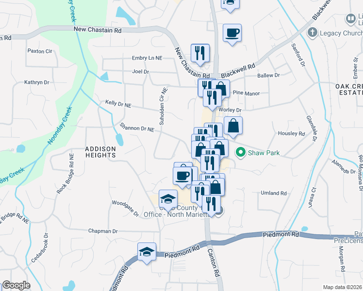 map of restaurants, bars, coffee shops, grocery stores, and more near 666 Shannon Drive Northeast in Marietta