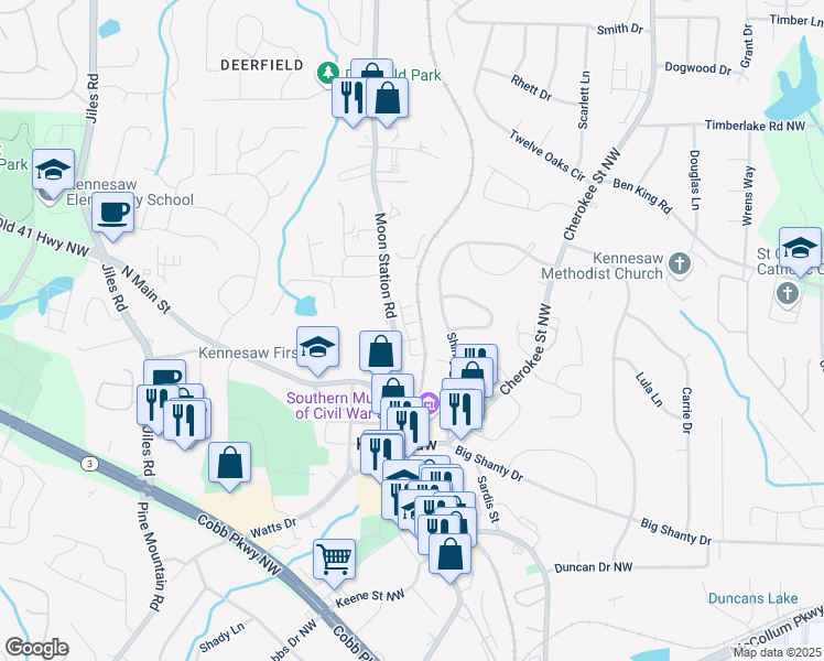 map of restaurants, bars, coffee shops, grocery stores, and more near 2111 Wesson Court in Kennesaw