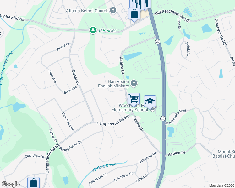 map of restaurants, bars, coffee shops, grocery stores, and more near 2152 Brookfield Drive in Lawrenceville