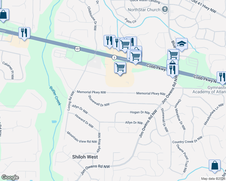 map of restaurants, bars, coffee shops, grocery stores, and more near 3694 Memorial Parkway Northwest in Kennesaw