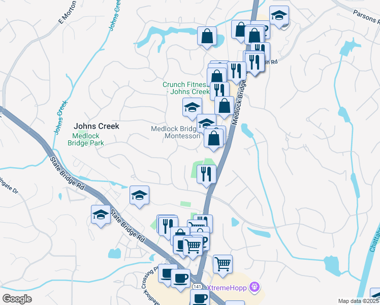 map of restaurants, bars, coffee shops, grocery stores, and more near 5780 Medlock Bridge Parkway in Alpharetta
