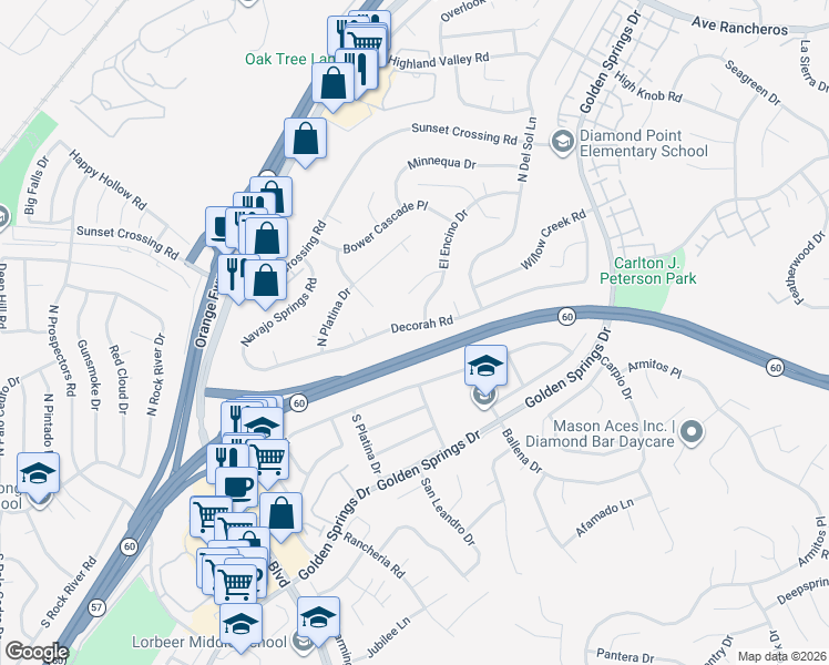 map of restaurants, bars, coffee shops, grocery stores, and more near 23846 Decorah Road in Diamond Bar