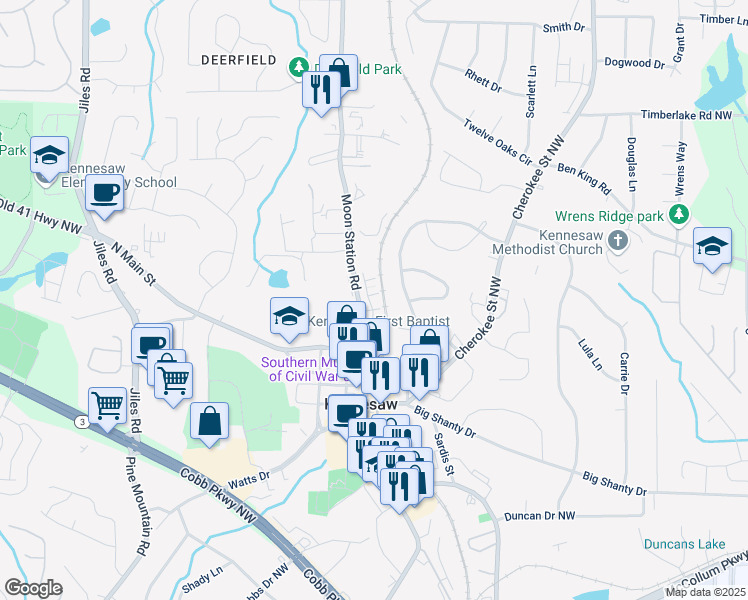 map of restaurants, bars, coffee shops, grocery stores, and more near 2111 Wesson Court in Kennesaw