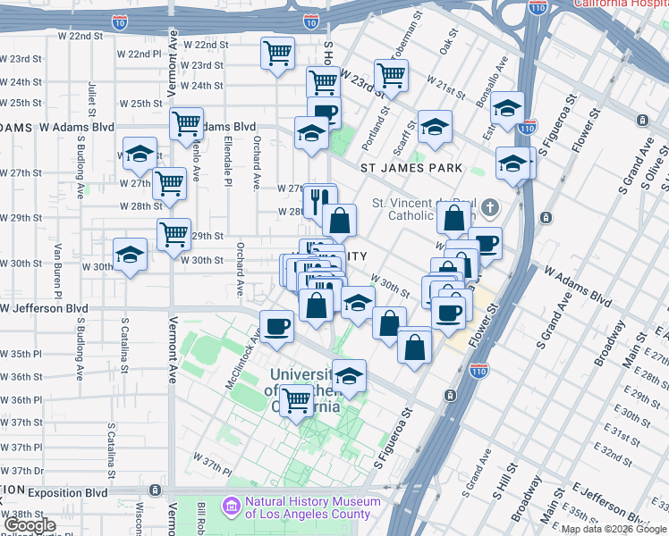 map of restaurants, bars, coffee shops, grocery stores, and more near 3000 South Hoover Street in Los Angeles