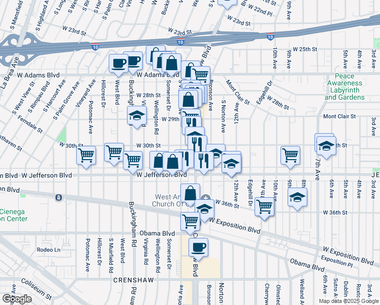 map of restaurants, bars, coffee shops, grocery stores, and more near 3004 Crenshaw Boulevard in Los Angeles