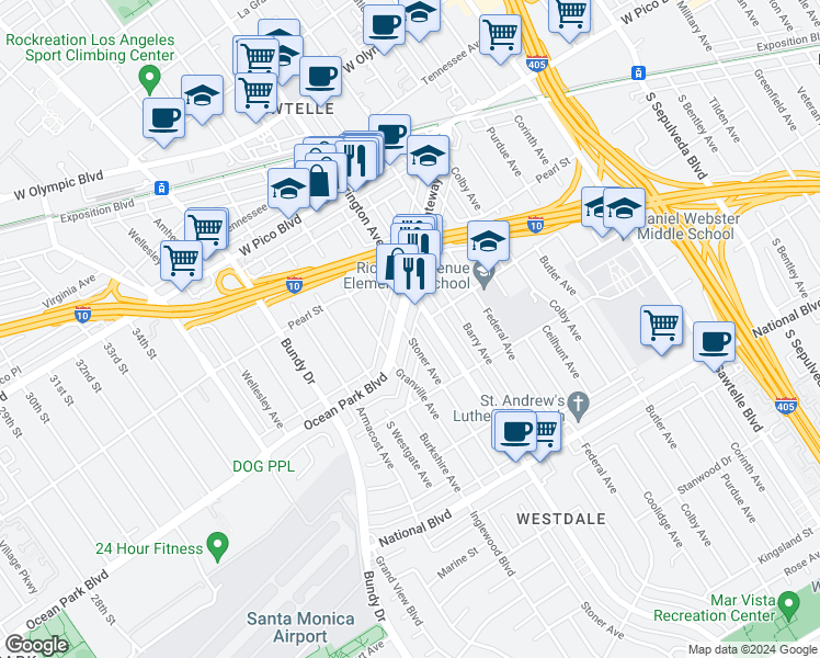 map of restaurants, bars, coffee shops, grocery stores, and more near 2600 Stoner Avenue in Los Angeles