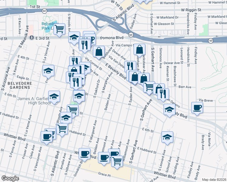map of restaurants, bars, coffee shops, grocery stores, and more near 438 Belden Avenue in East Los Angeles
