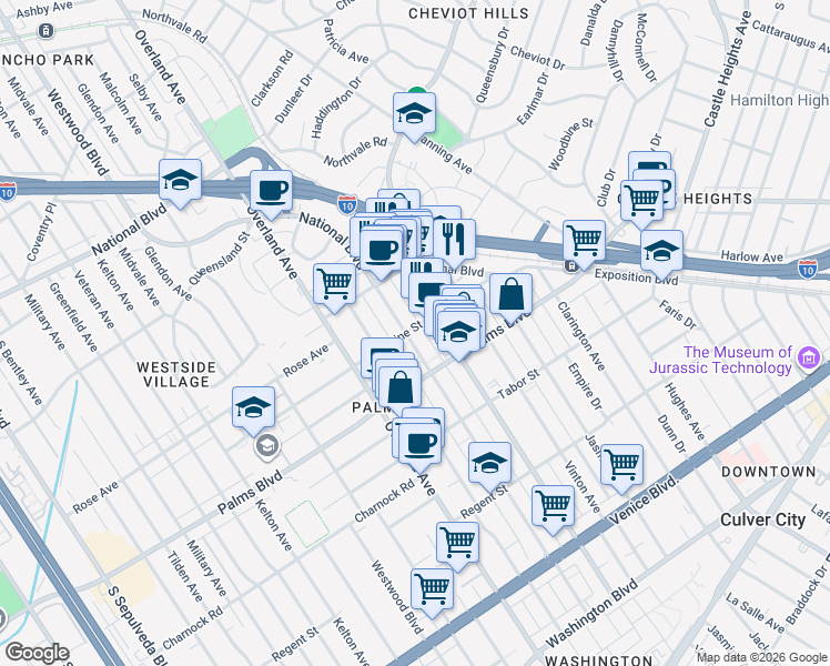 map of restaurants, bars, coffee shops, grocery stores, and more near 10426 Woodbine Street in Los Angeles
