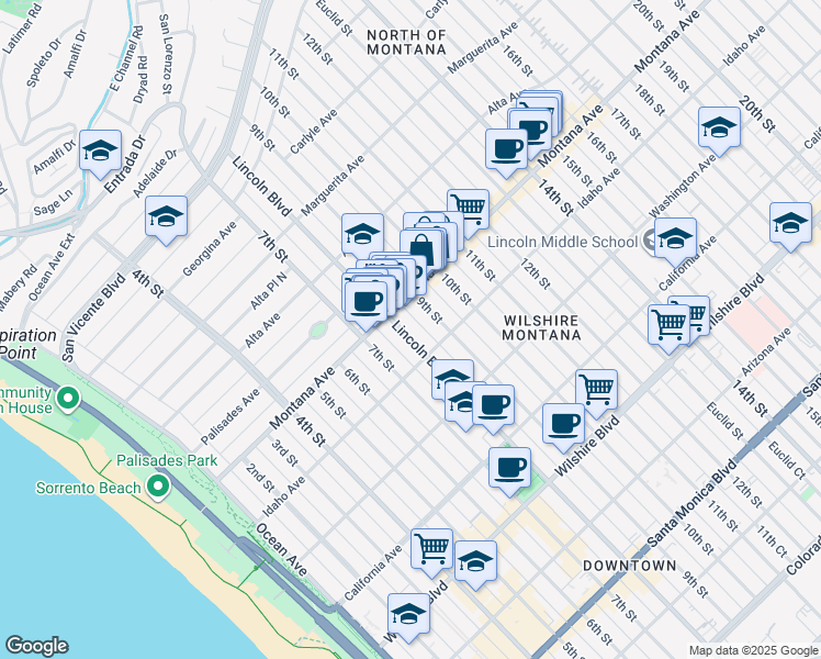 map of restaurants, bars, coffee shops, grocery stores, and more near 827 Lincoln Boulevard in Santa Monica