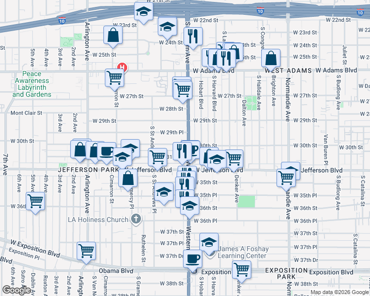 map of restaurants, bars, coffee shops, grocery stores, and more near 3011 South Western Avenue in Los Angeles