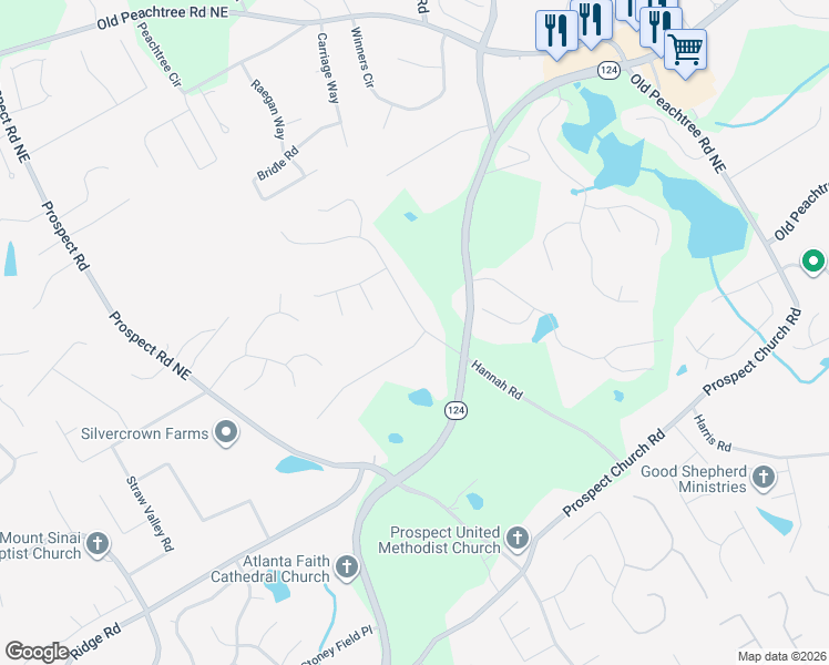 map of restaurants, bars, coffee shops, grocery stores, and more near 1750 Shady Creek Lane Northeast in Lawrenceville