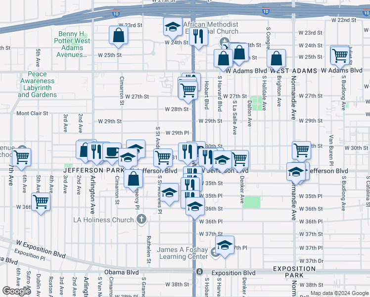map of restaurants, bars, coffee shops, grocery stores, and more near 2024 West 30th Street in Los Angeles