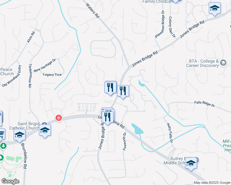 map of restaurants, bars, coffee shops, grocery stores, and more near 9995 Jones Bridge Road in Alpharetta
