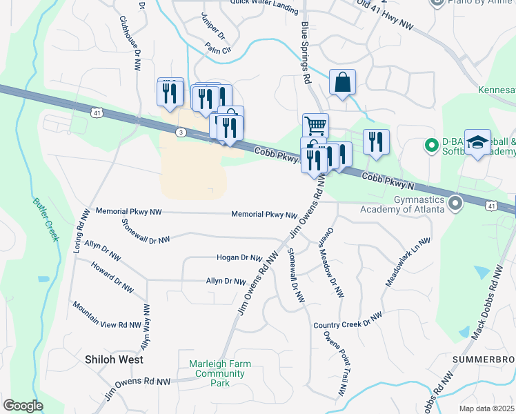 map of restaurants, bars, coffee shops, grocery stores, and more near 3548 Memorial Parkway Northwest in Kennesaw