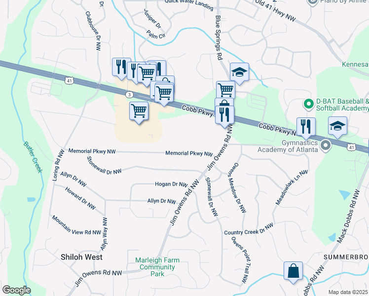 map of restaurants, bars, coffee shops, grocery stores, and more near 3548 Memorial Parkway Northwest in Kennesaw