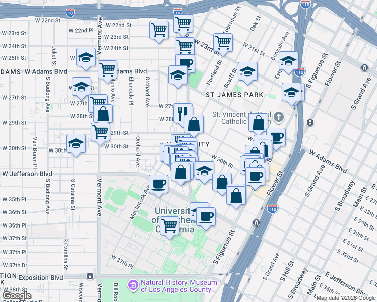 map of restaurants, bars, coffee shops, grocery stores, and more near 3027 S Hoover St in Los Angeles