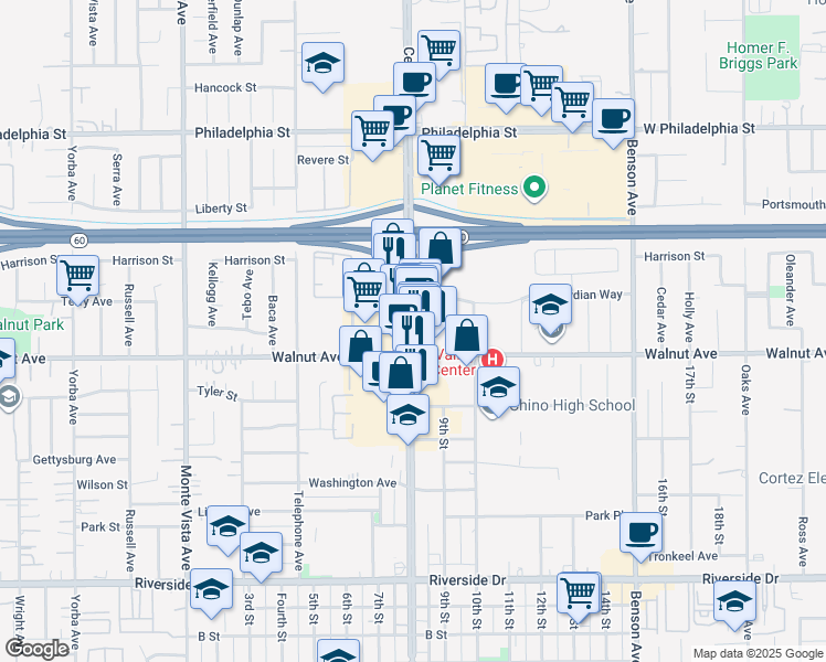 map of restaurants, bars, coffee shops, grocery stores, and more near 12455 Central Avenue in Chino