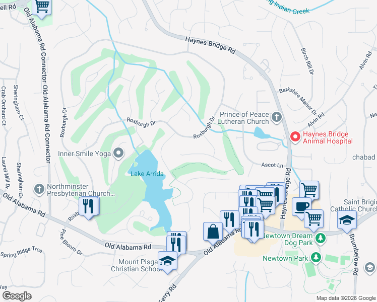 map of restaurants, bars, coffee shops, grocery stores, and more near 2875 Laurel Green Court in Roswell