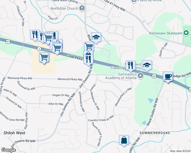 map of restaurants, bars, coffee shops, grocery stores, and more near 2999 Owens Meadow Drive Northwest in Kennesaw
