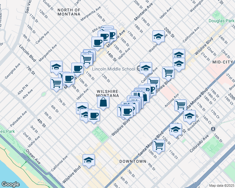 map of restaurants, bars, coffee shops, grocery stores, and more near 1028 12th Street in Santa Monica