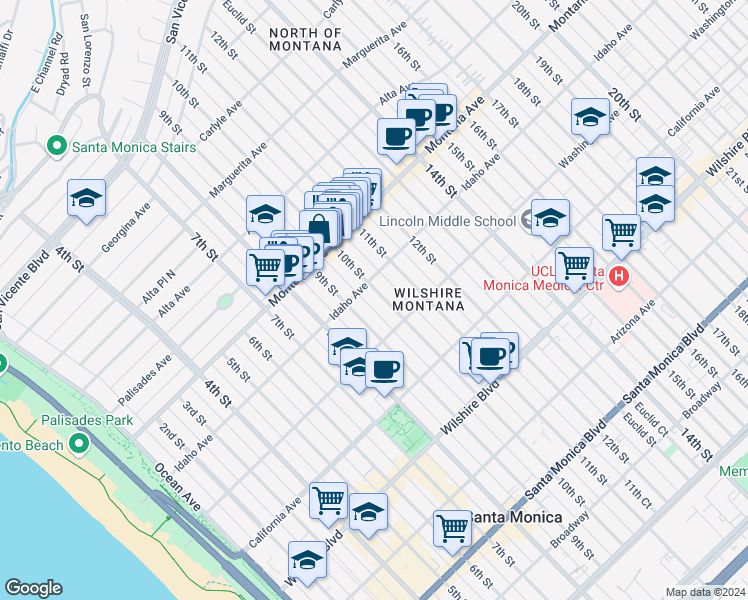 map of restaurants, bars, coffee shops, grocery stores, and more near 918 10th Street in Santa Monica
