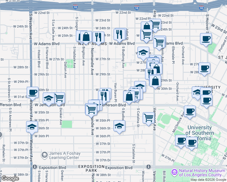 map of restaurants, bars, coffee shops, grocery stores, and more near 2955 Van Buren Place in Los Angeles
