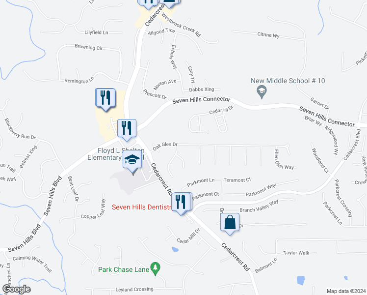 map of restaurants, bars, coffee shops, grocery stores, and more near 182 Oak Glen Drive in Dallas