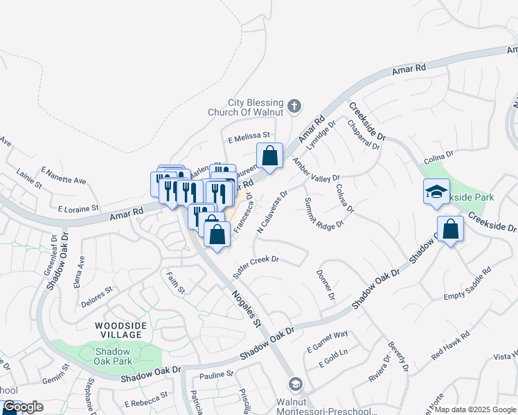 map of restaurants, bars, coffee shops, grocery stores, and more near 856 Francesca Drive in West Covina