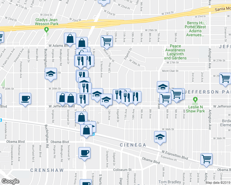 map of restaurants, bars, coffee shops, grocery stores, and more near 3015 Edgehill Drive in Los Angeles