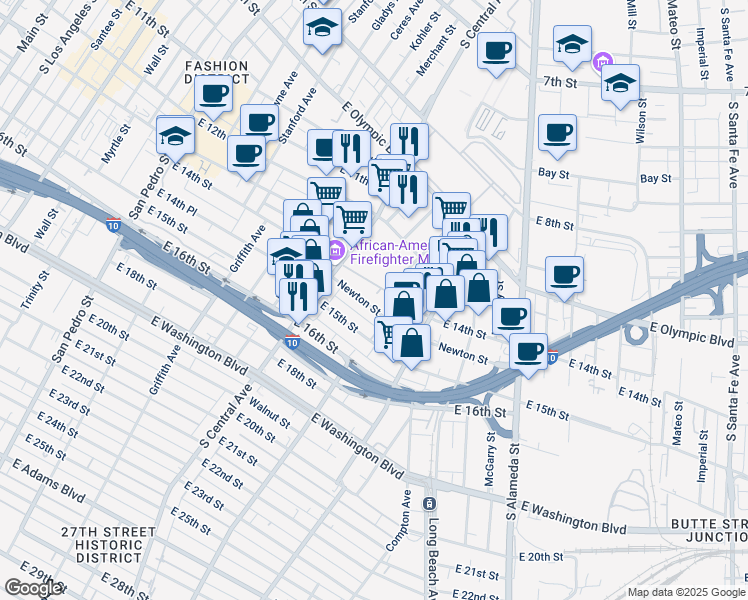 map of restaurants, bars, coffee shops, grocery stores, and more near 1500 East 14th Street in Los Angeles