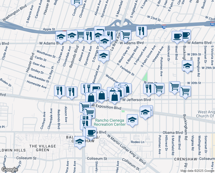 map of restaurants, bars, coffee shops, grocery stores, and more near South West View Street in Los Angeles
