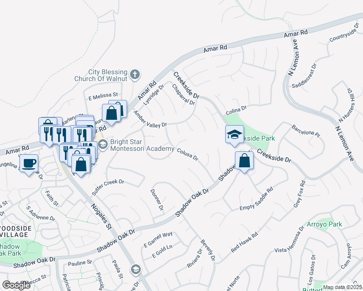 map of restaurants, bars, coffee shops, grocery stores, and more near 19110 Summit Ridge Drive in Walnut